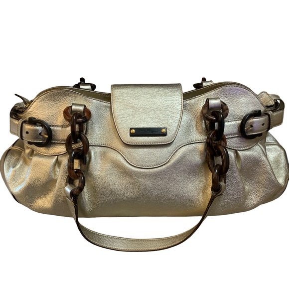 SALVATORE FERRAEGAMOLeather And Wood Satchel Bag Light Gold Metallic